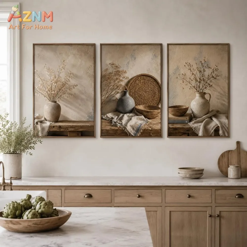AZNM 3Pcs Vintage Farmhouse Still Life Canvas Wall Art, Neutral Dried Flower Ceramic Vase Rustic Print Frameless Canvas Painting
