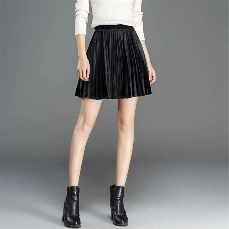 

Велюровые юбки, женские модные золотые бархатные плиссированные утягивающие юбки трапециевидной формы с высокой талией, женская повседневная одежда, осень 202, большая юбка