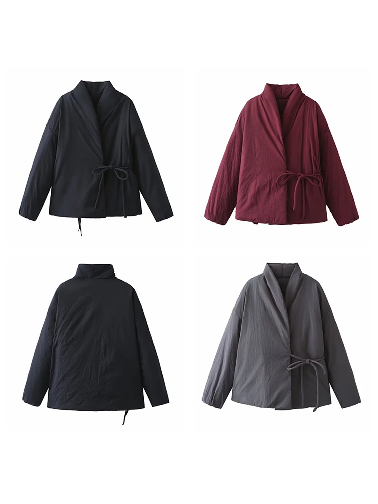 

Vintage Padded Lace-Up Cotton Women's Coat Loose V-neck Long Sleeve Pocket Thick Gray Jacket 2025 Autumn Winter Warm Outerwear