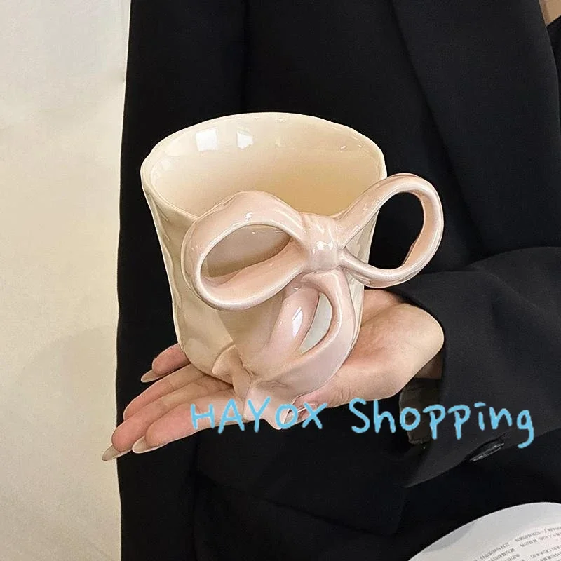 Irregular Hand Pink Bow Mugs，stereoscopic Handmade Bow Ceramic Cup，exquisite Coffee Cup，ceramic Drinking Cup Breakfast Mug