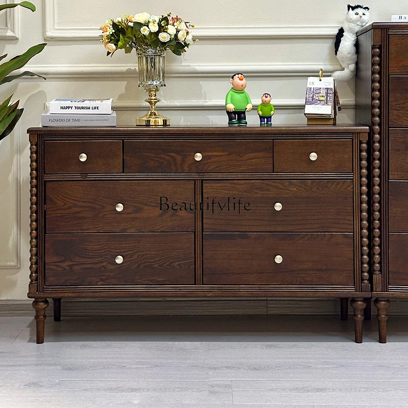 

French Retro Solid Wood Living Room Wall-Mounted Storage Cabinet with Drawers