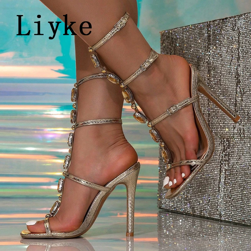 Liyke 2026 New Gold Silver Crystal Diamond Ankle Strap Sandals Women Sexy Square Toe Party Stripper Heels Wedding Banquet Shoes image 6