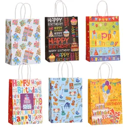 6Pcs Happy Birthday Paper Gift Packing Bags Balloon Cake Candy Bag Shopping Tote Bag for Baby Shower Kids Birthday Party Decor