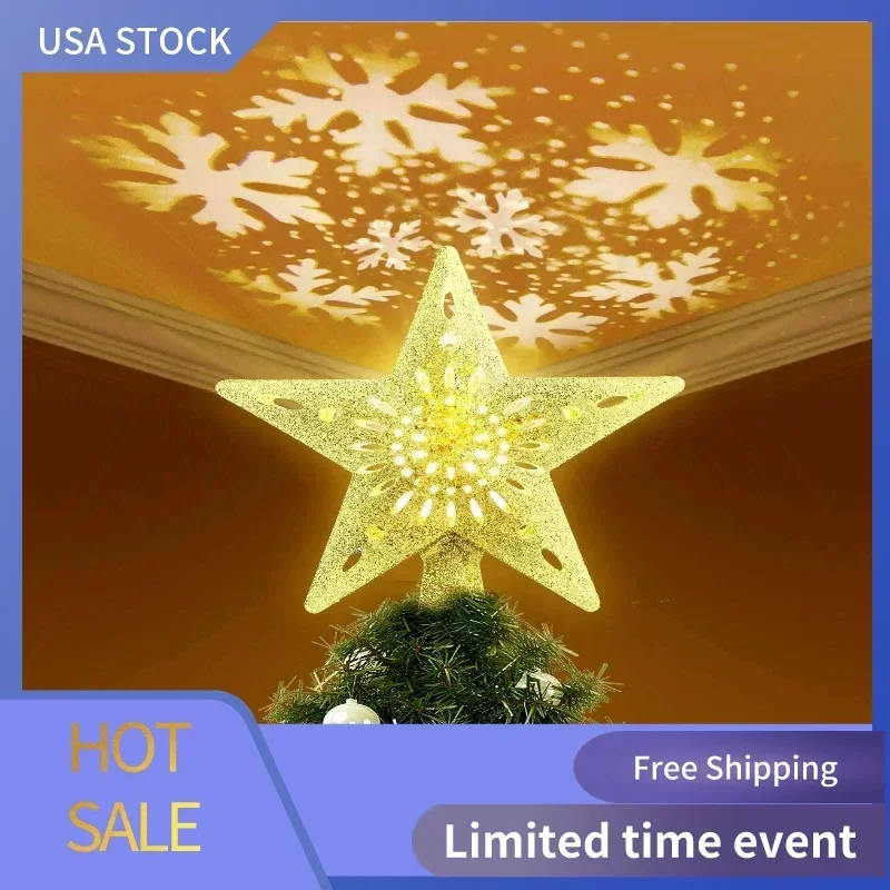 

Christmas Tree Topper Star Tree Toppers with LED Rotating Snowflake Projector Lights, 3D Hollow Gold Star Snow Tree Topper