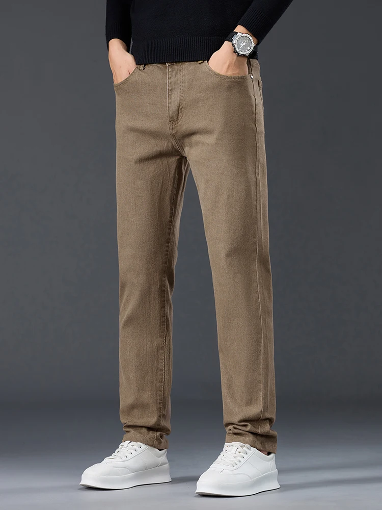 خريف 2025 جديد مستقيم جينز سترتش الرجال تطريز أنيق جيب سميكة سراويل مريحة الأعمال عادية سراويل جينز