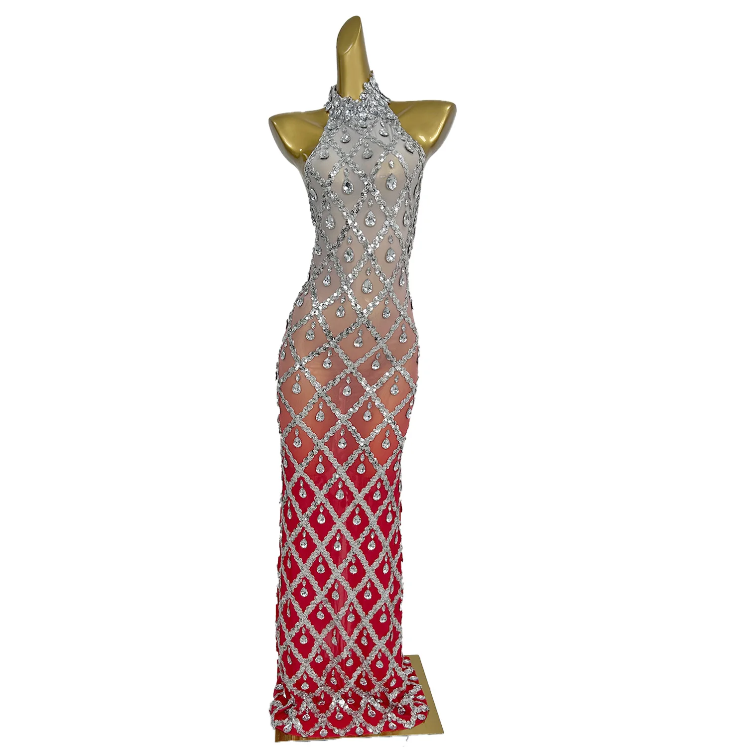 Strass brilhantes sem mangas vestido longo sexy malha celebrar noite casamento baile de aniversário vestido sessão de fotos usar shaokaojia