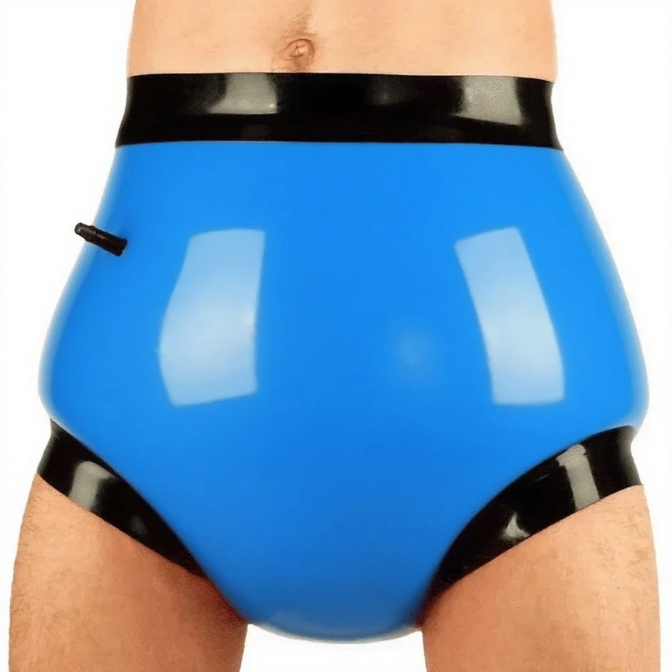 

customized men's blue latex high-waisted shorts with black trim and inflatable design handmade rubber clubwear
