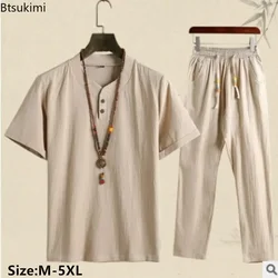 2024 Men's Summer Chinese Style Sets Vintage Cotton Linen Short Sleeve V-neck Shirt and Pants Suit Sets Loose Casual Men Outfits