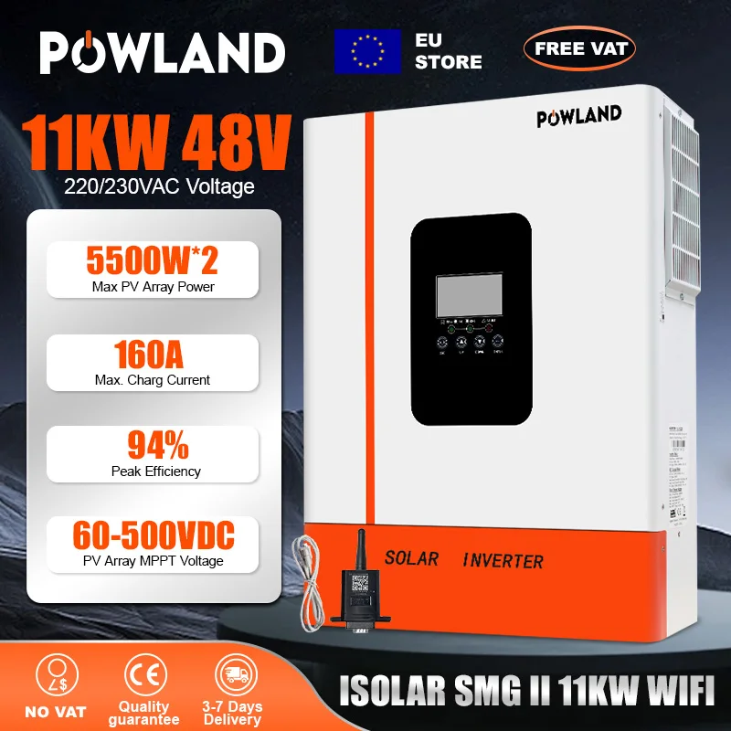 Convertisseur solaire hybride haute puissance POWLAND 11KW 48V 11000KVA Max 500VDC Onde sinusoïdale pure avec MPPT LCD WiFi CE Double sortie Hors taxes