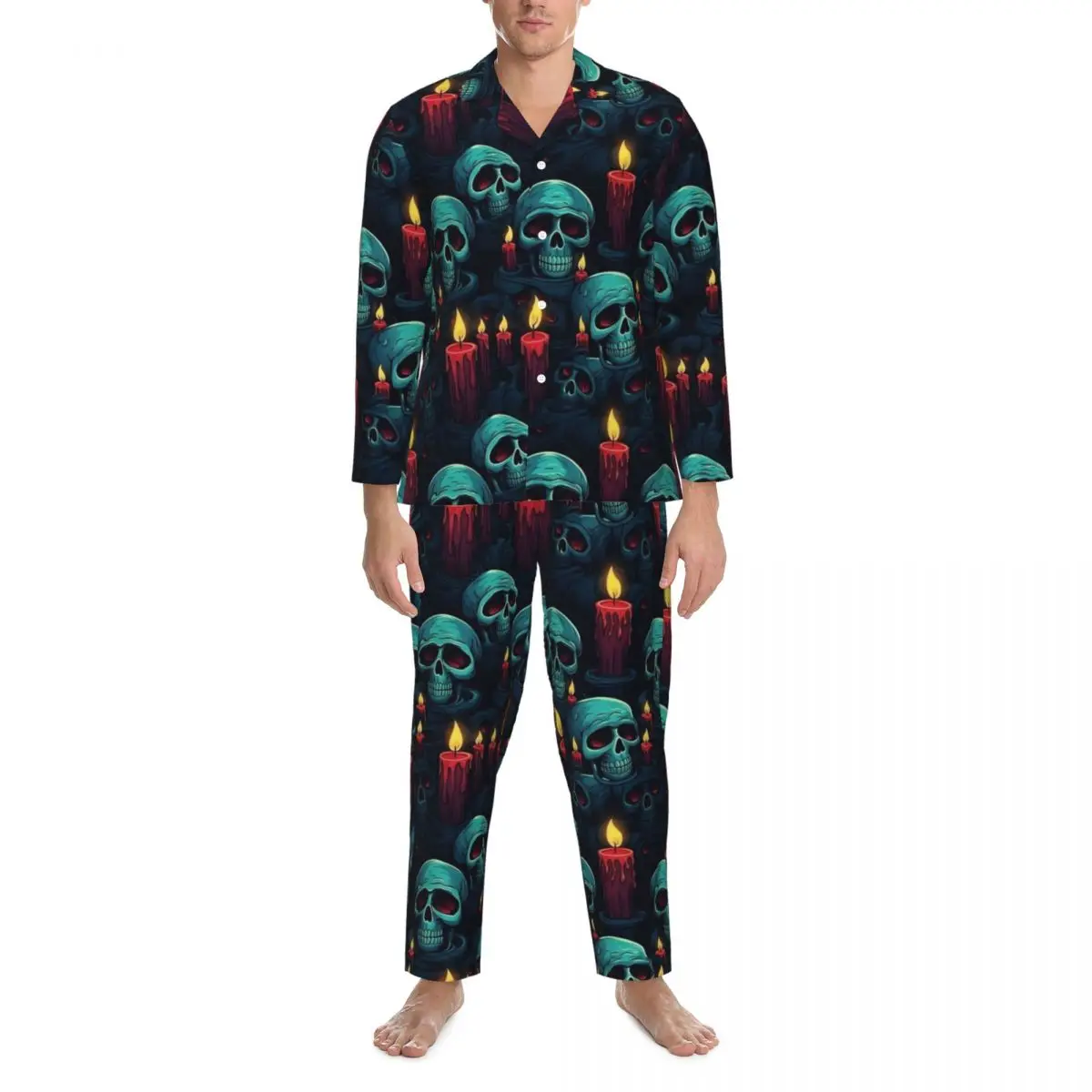 Halloween crânio e velas pijamas conjunto bonito macio pijamas unisex manga longa casual quarto 2 peças pijamas tamanho grande xl 2xl