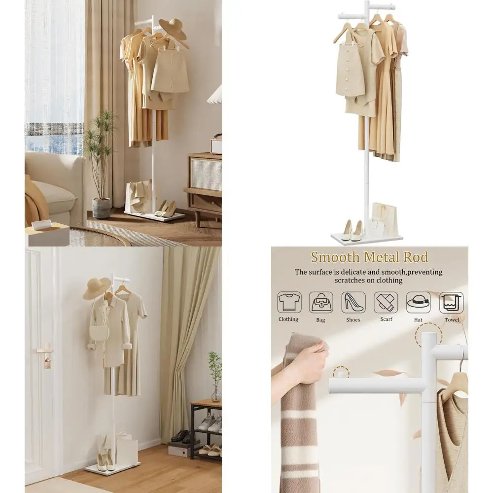

White 175cm Freestanding Metal Z-Shaped Coat Rack with Natural Rock Base for Outerwear and Accessories