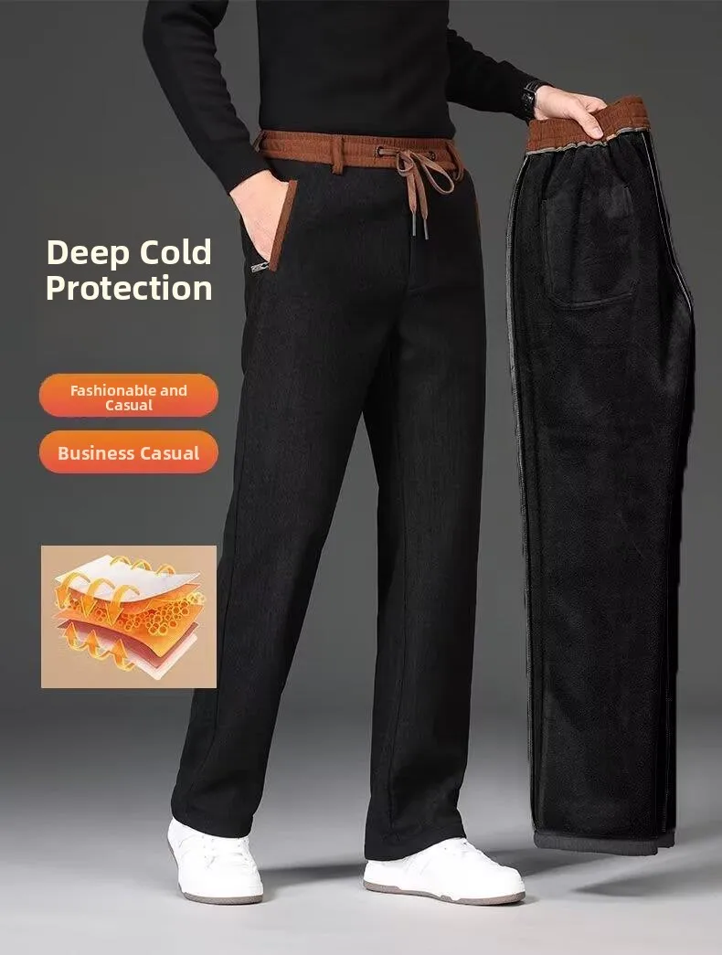 

Boao Velvet Men's Casual Pants Loose Straight Leg Fce Lined Thiened Autumn Winter Corduroy Embroidered Long Trousers