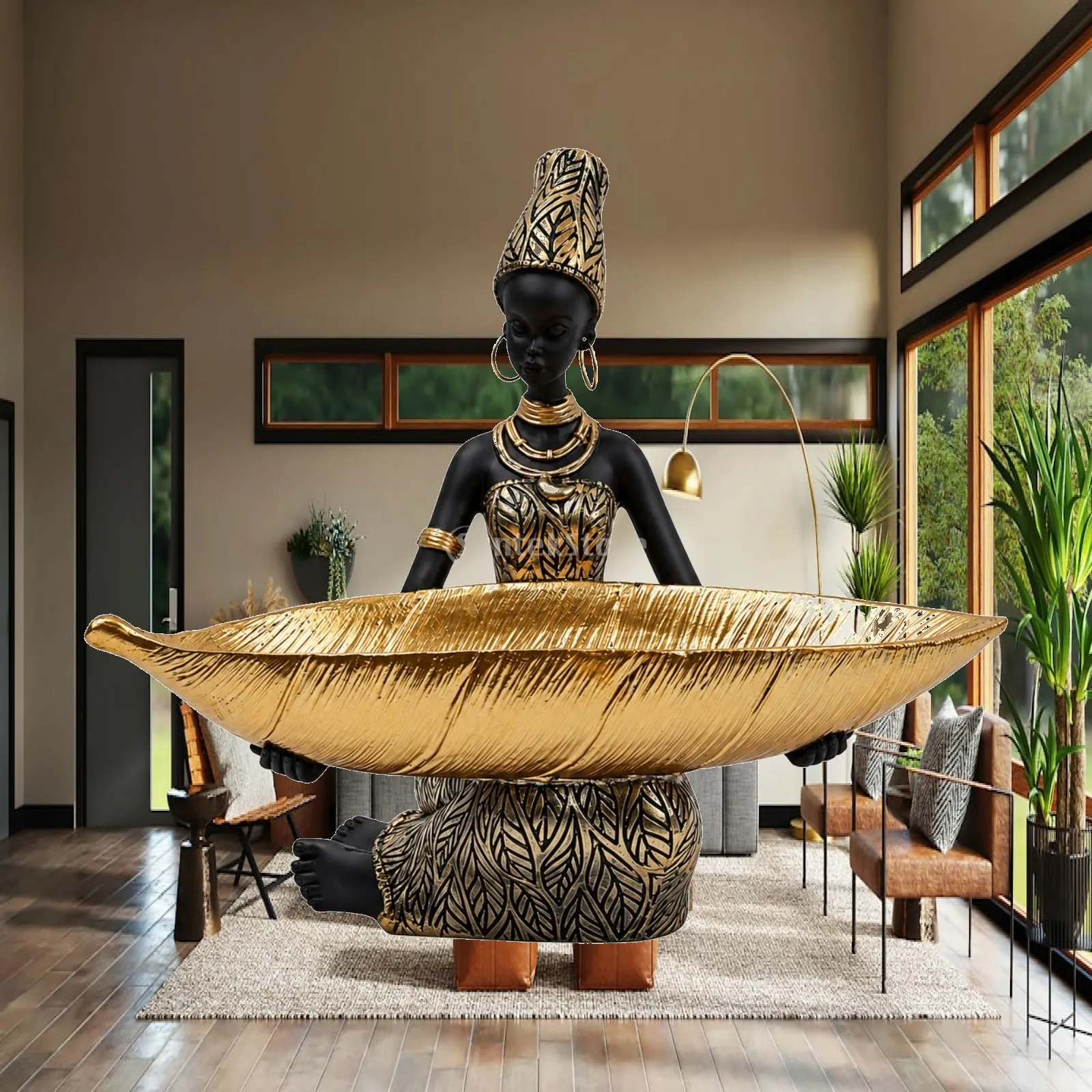 Seated Black Woman Resin Sculpture with Leaf Tray Functional Resin Sculpture