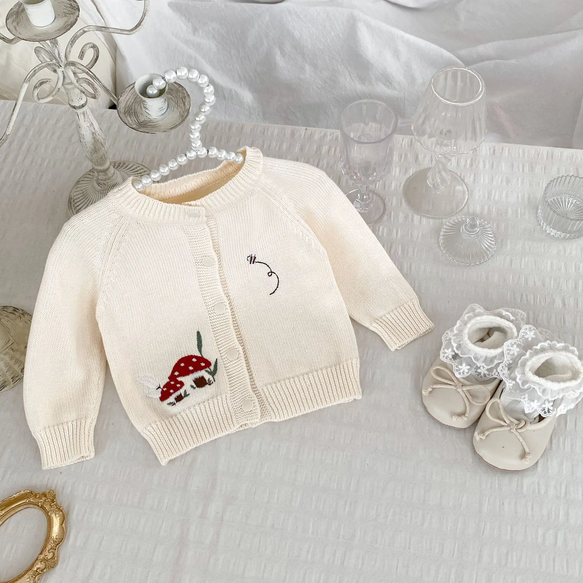 MILANCEL 2024 New Autumn Kid's Sweater Cute Mushroom Embroidery Knitted Cardigan for Girls Children's Long Sleeve Top Coat