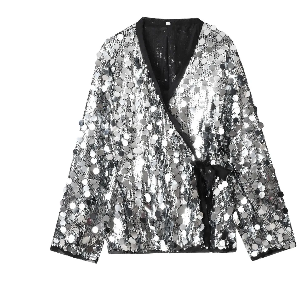 Fashion Sparkling Beaded Short Loose Jacket Elegant V Neck Long Sleeve Lace Up Cardigans 2025 Spring Female Elegant Streetwear