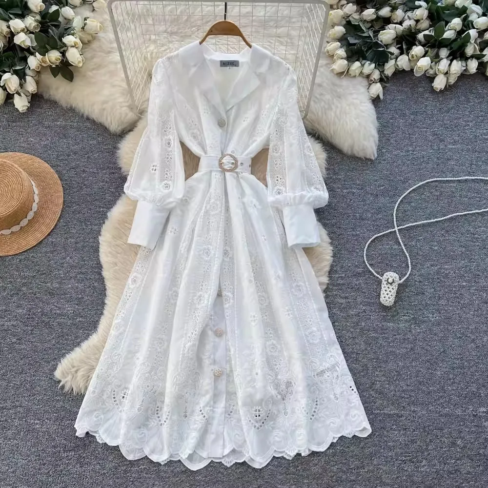 

Элегантное ажурное женское длинное платье с рукавами-фонариками, однобортное платье с жемчугом на шнуровке, весна-осень 2021, женский однотонный халат