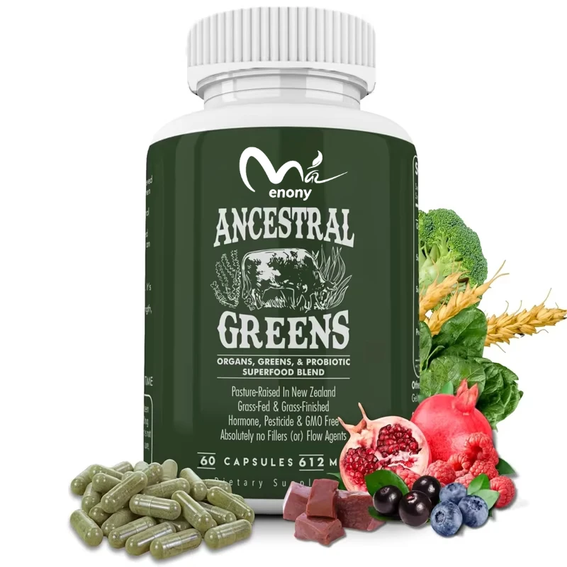 Containing spirulina, microalgae, grass fed beef organs,  probiotics, each capsule contains 615 milligrams for intestinal health