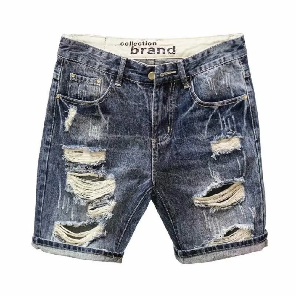 Men\'s Ripped Denim Shorts Fashionable Summer Slim Shorts Pants with Distressed Ripped Design Holes Korean Style Short Jeans Male