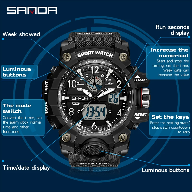 SANDA Brand G- Style Military Watch Men Digital Shockproof Sports Watches For Man Waterproof Electronic Wristwatch Mens Quartz