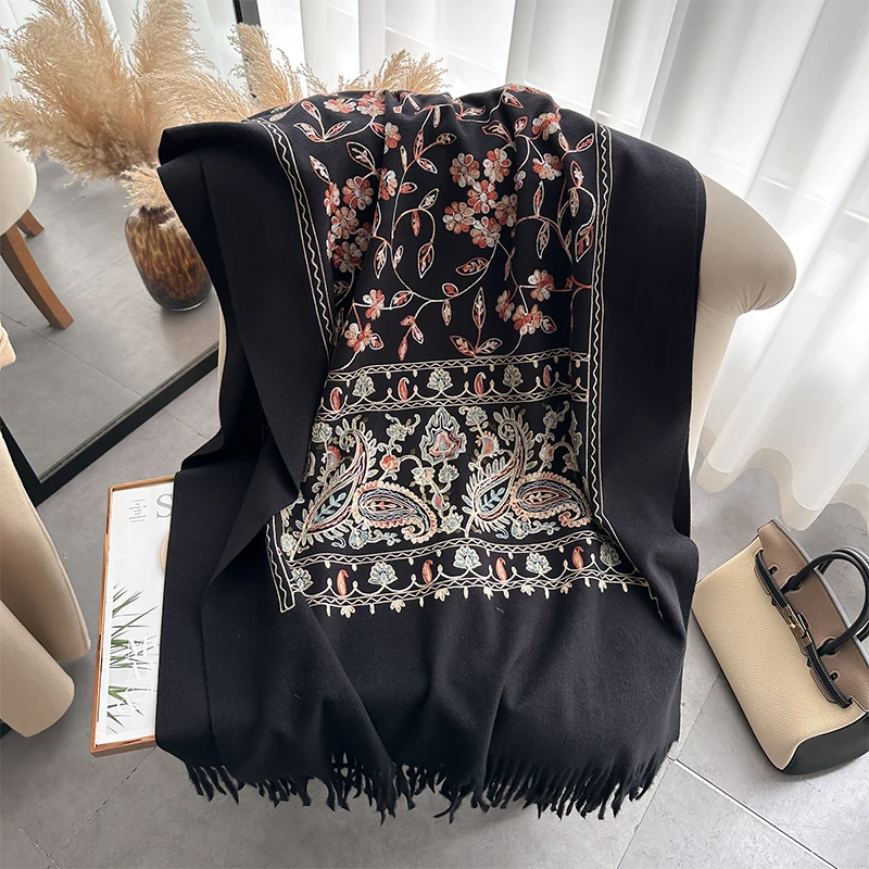 New Luxury Design Winter Embroidery Cashmere Scarves High Quality Women Thicken Wrap Shawl Ladies Warm Wool Pashmina Scarf