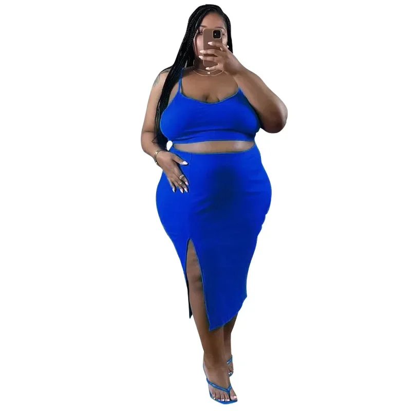 L-4XL Fashion Summer African Skirt Suits Plus Size Women Clothing Two Piece Sets Sleeveless Top and Split Skirt Female Outfits