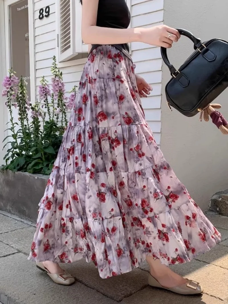 Floral Skirt For Women Summer 2025 Spring and Autumn New Collection Printed A-Line Pleated Skirt W370