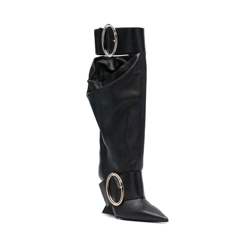 Women's New Pointed Super High Shaped Wedge Heel Large Barrel Metal Fastener Decoration Personalized Street Knee Length Boots