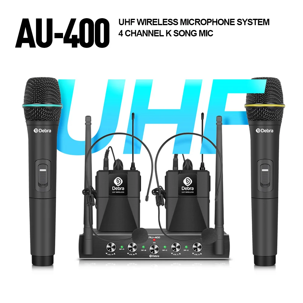 AU-400 UHF 4 Channel Wireless Microphone System Handheld/Bodypack Lavalier & Headset  For Karaoke Church Stage Party.