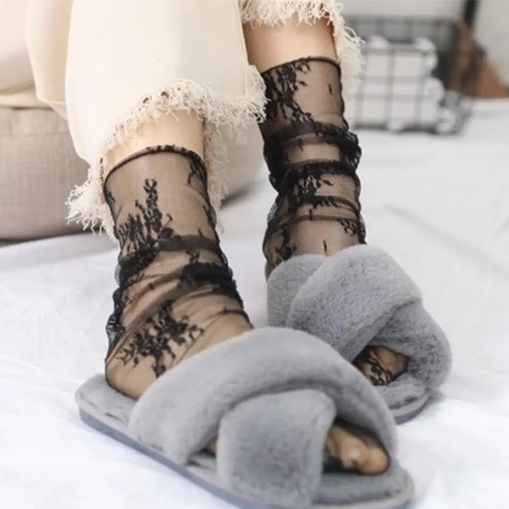 Simple Floral Lace Socks Women Tulle Socks Spring Summer Fashion Thin Mesh Socks Socks Chiffon Lace Up Transparent I5K0