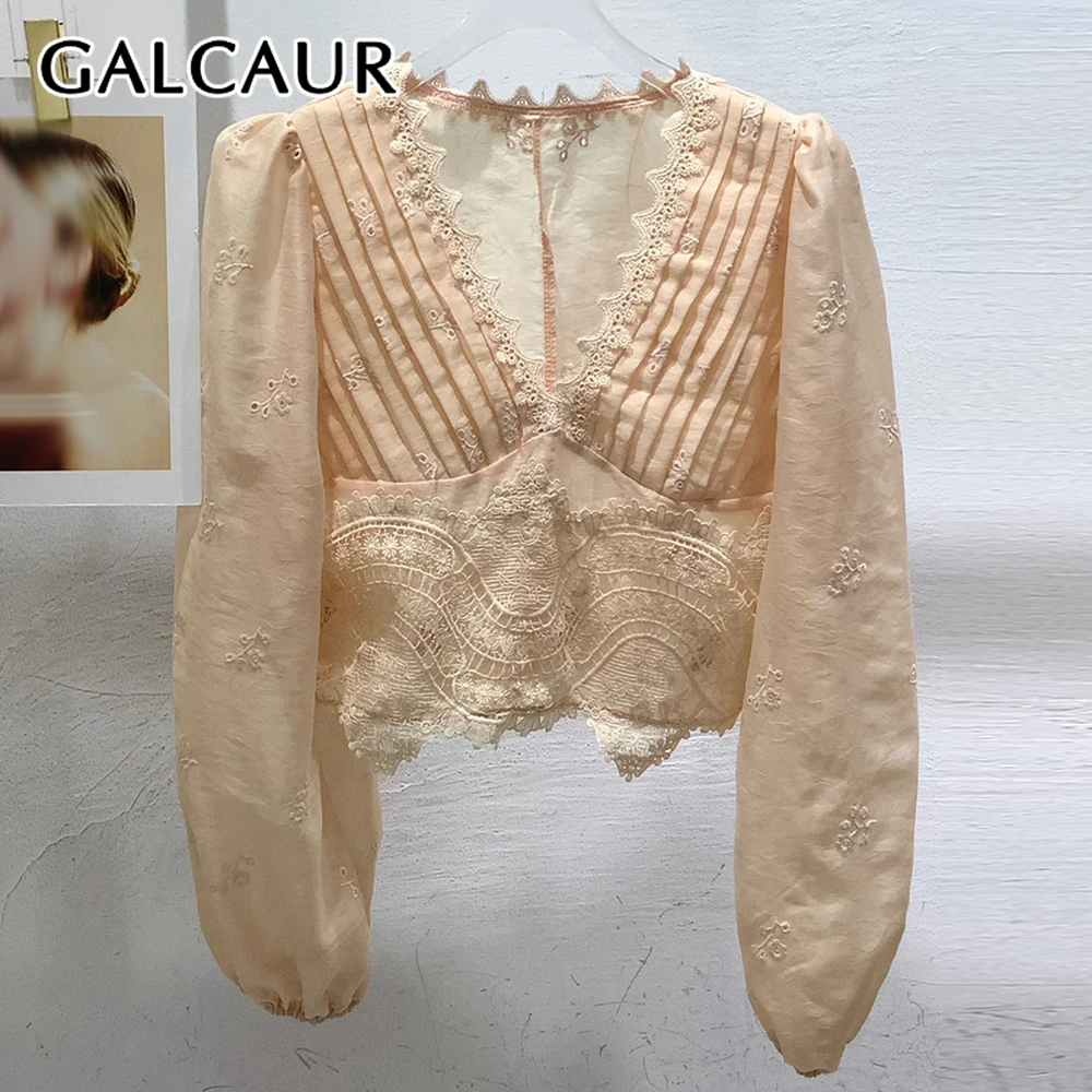 

GALCAUR Solid Spliced Lace Sexy Shirt Female V Neck Long Sleeve Loose Streetwear Casual Women's Shirts Autumn Fashion New Style