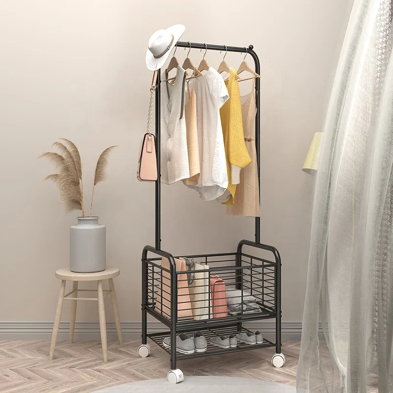 2023 New multifunctional wholesale baby kids metal clothes stand organizer rack with wheels basket hanger shoe bag storage shelf