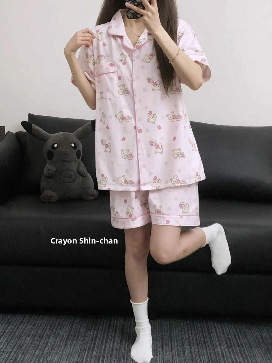 

Cute Pink Strawberry Lazy Bear Pure Cotton Pajamas Women's Summer New Short Sleeve Short Pants Cartoon Student Home Clothes Set