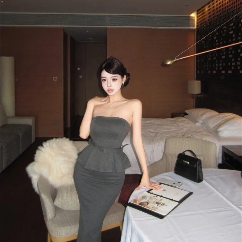 

Ele Sexy Missy Waist Cinched Bustier Top Slimming Split f Skirt Two Piece Set Autumn New Arrival Women's Faion Ensemble