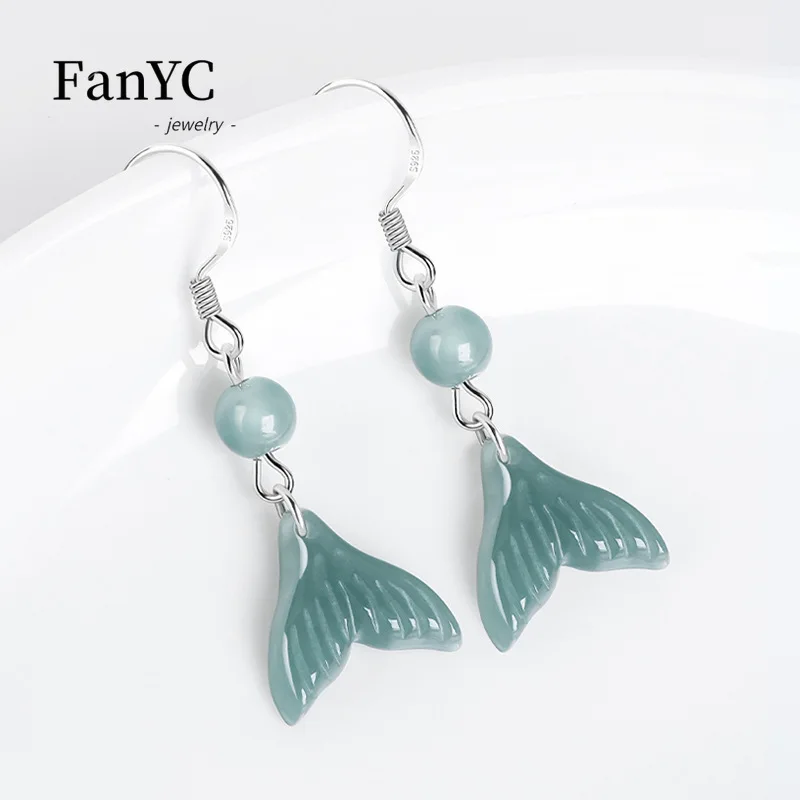 S925 Silver Inlaid Myanmar Jadeite Blue Water Fish Tail Earrings Hand-carved Ancient Style High-grade Ice Jade Ladies Earrings