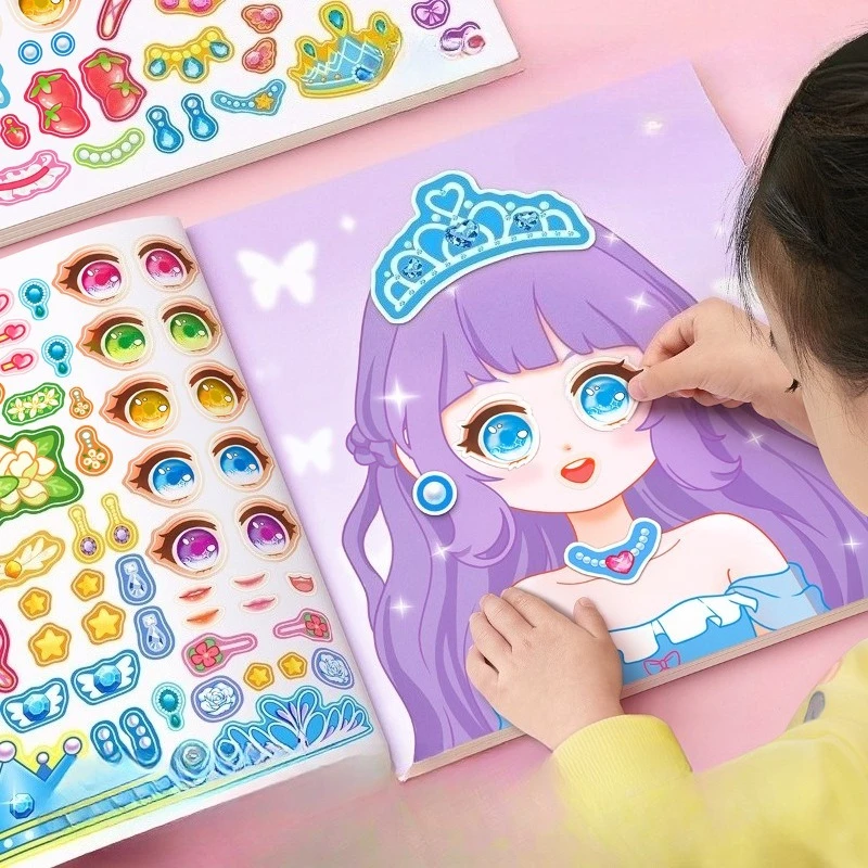 1Set Princess Dress Up Sticker Book Reusable for Kids Girls Cartoon Princess Magic Makeup Change Game Sticker Album Handicrafts