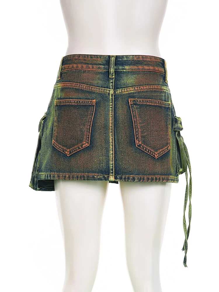 DEAT Women\'s Denim Skirts Tie-dye Green Irregular Spliced Multiple Pockets Cargo Mini Skirt 2024 Autumn New Fashion 29L3411