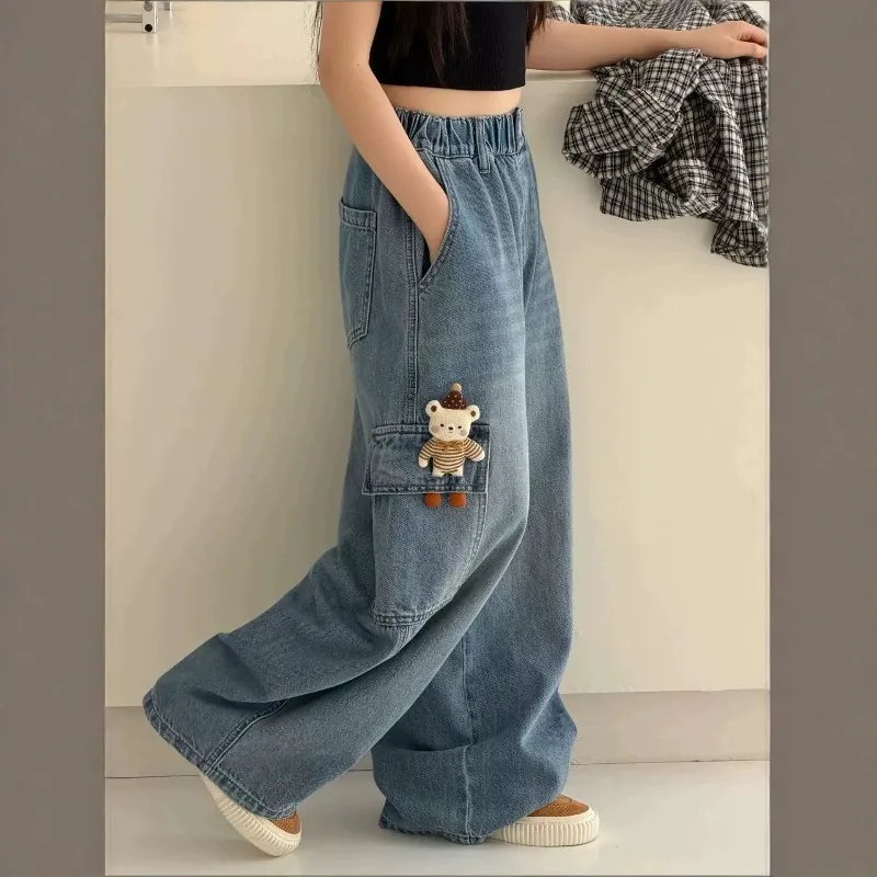 2026 UNITIM Herbst Kinder Mädchen Cargo-Hosen mit Puppendekor 4-14 Jahre Kinder Mädchen Jeans Lose Elastische Taille Junior Mädchen Weite Hosen – Detail 2