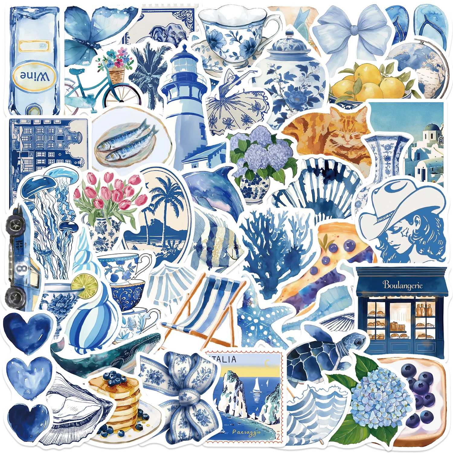 50/100 Stück Niedliche Mediterrane Aufkleber Ästhetische Blaue INS Cartoon-Sticker DIY Scrapbooking Handy Gepäck Wasserdichte Aufkleber Spielzeug