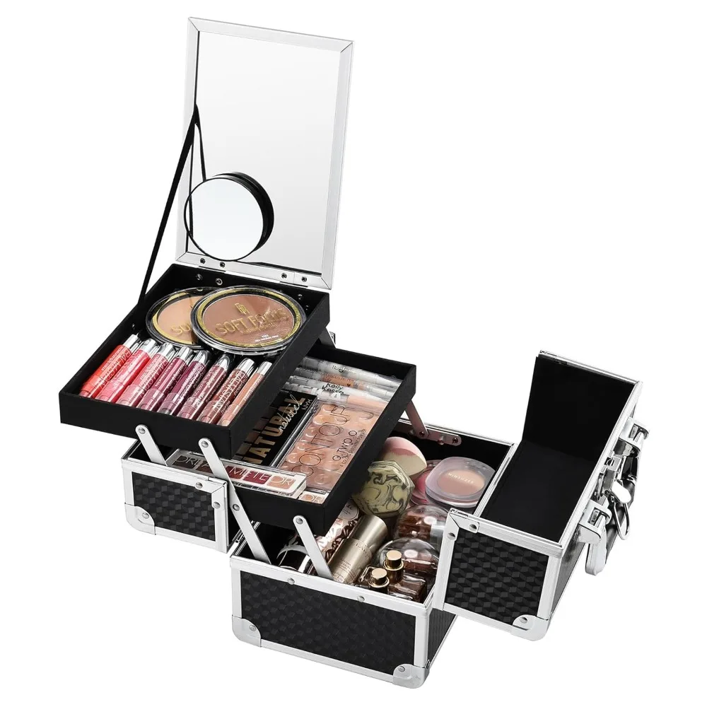 

Portable Makeup Train Case with Mirror, 2-Tray Organizer, Lockable Travel Storage Box for Cosmetics Black