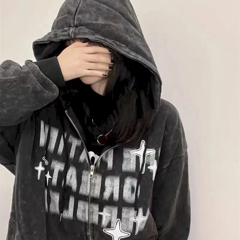 Gothic Y2k Zip Up Hoodies Women Oversized Hip-hop Graphic Hooded Sweatshirts Men Korean Tops Streetwear Jackets K Pop Clothes