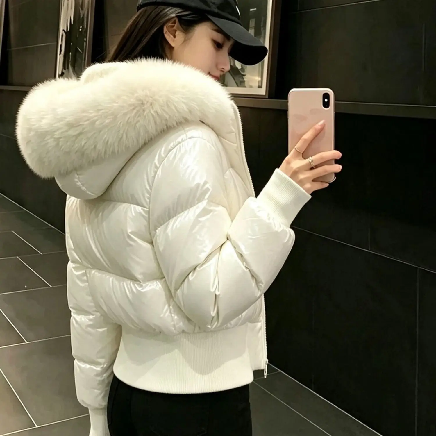 Waterproof PU Leather Puffer Coat Women 2026 Winter Fleece Lined Waist Cinched Thick Cotton Padded Jacket Warm Winter Outwear
