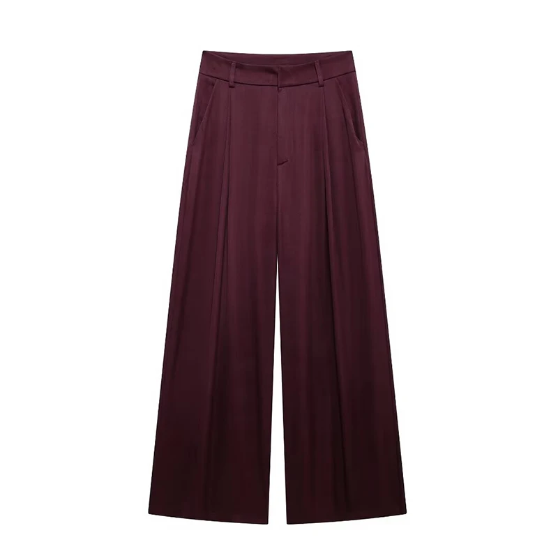 YUEYANG Women Fashion Chic Straight Wide-Leg Pleated Pants Female Pockets Zip Fly Trousers Ladies Elegant Wear