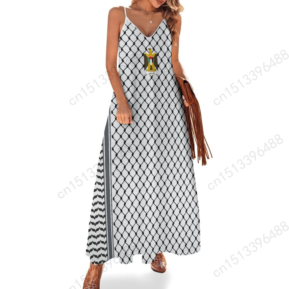 

Palestinian Hatta Kufiya Folk Pattern Print New Casual Sleeveless Long Dress Women's V-Neck Printed Dress Swing Retro Dresses