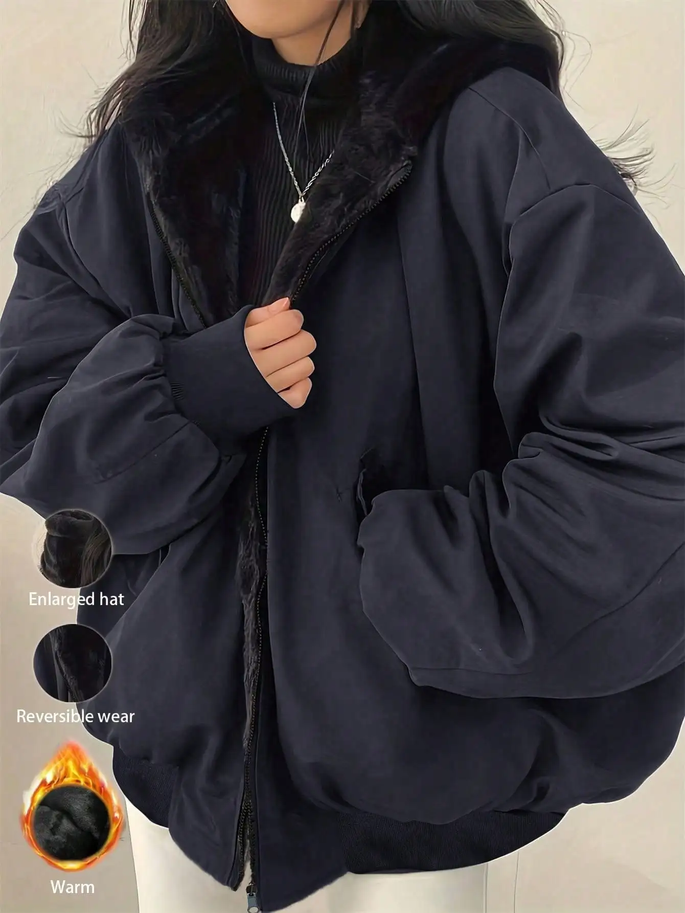 

Women's Reversible Hooded Puffer Jacket with Faux Fur Lining, Warm Winter Outerwear