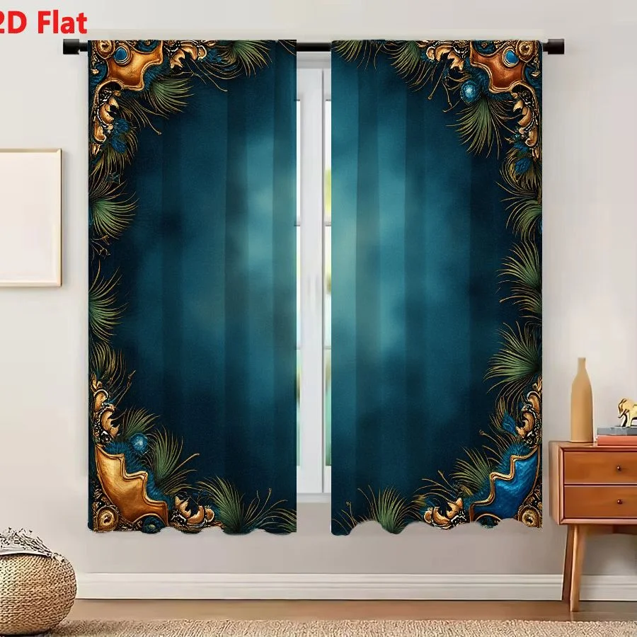 2Pcs Curtains 2D Flat Decorative Ornate Border Frame With Deep Teal Cloudy Texture Gold Accents Peacock Feather Motifs And Blue