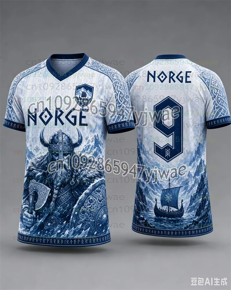 2026 New Men/Kids Norway V-Neck Football Shirt Full Nordic Viking Warship Pattern 3D Quick Dry Breathable #9 Fans Sport Jersey