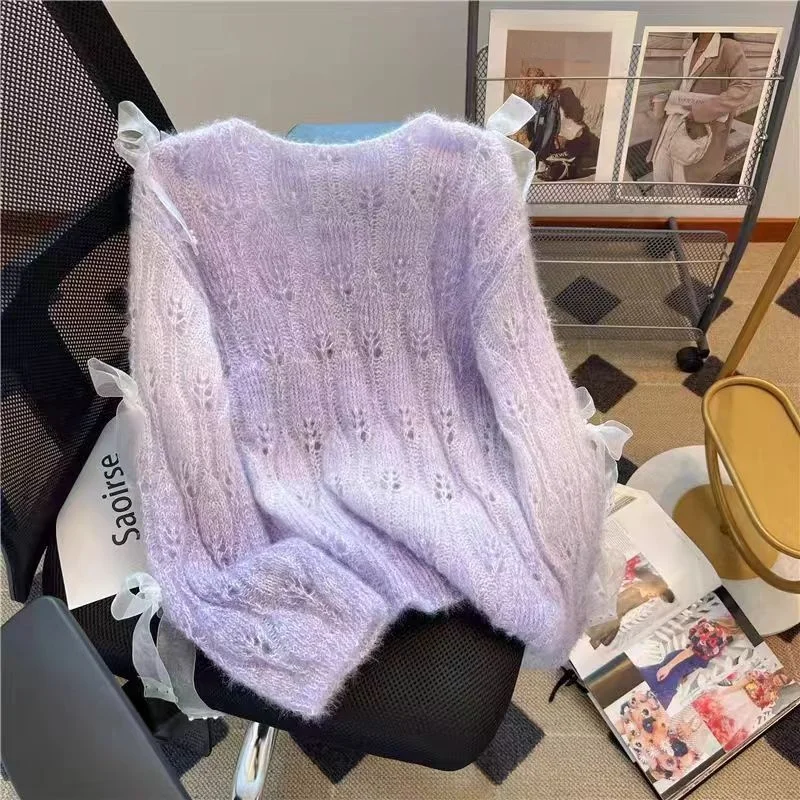 Suéter de Punto de Manga Larga para Mujer, Estilo Otoñal Dulce, Diseño de Nudo de Mariposa, Suave y Hoado, Estilo Japonés I...