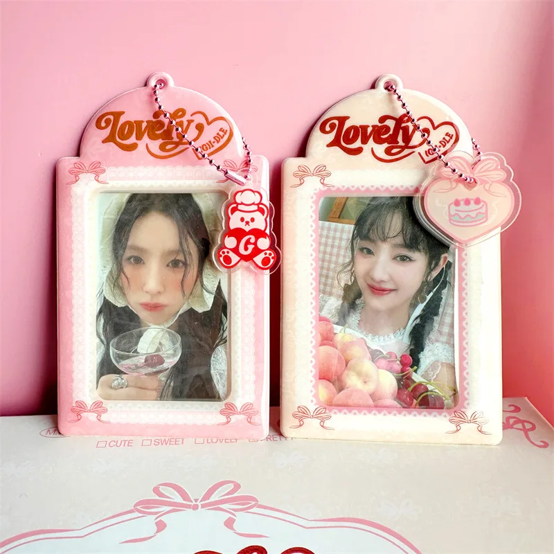 Kpop Photocard Holder with Keychain Y2K Kawaii Bow Lace Photo Card Sleeves ID Badge Holder Card Protector