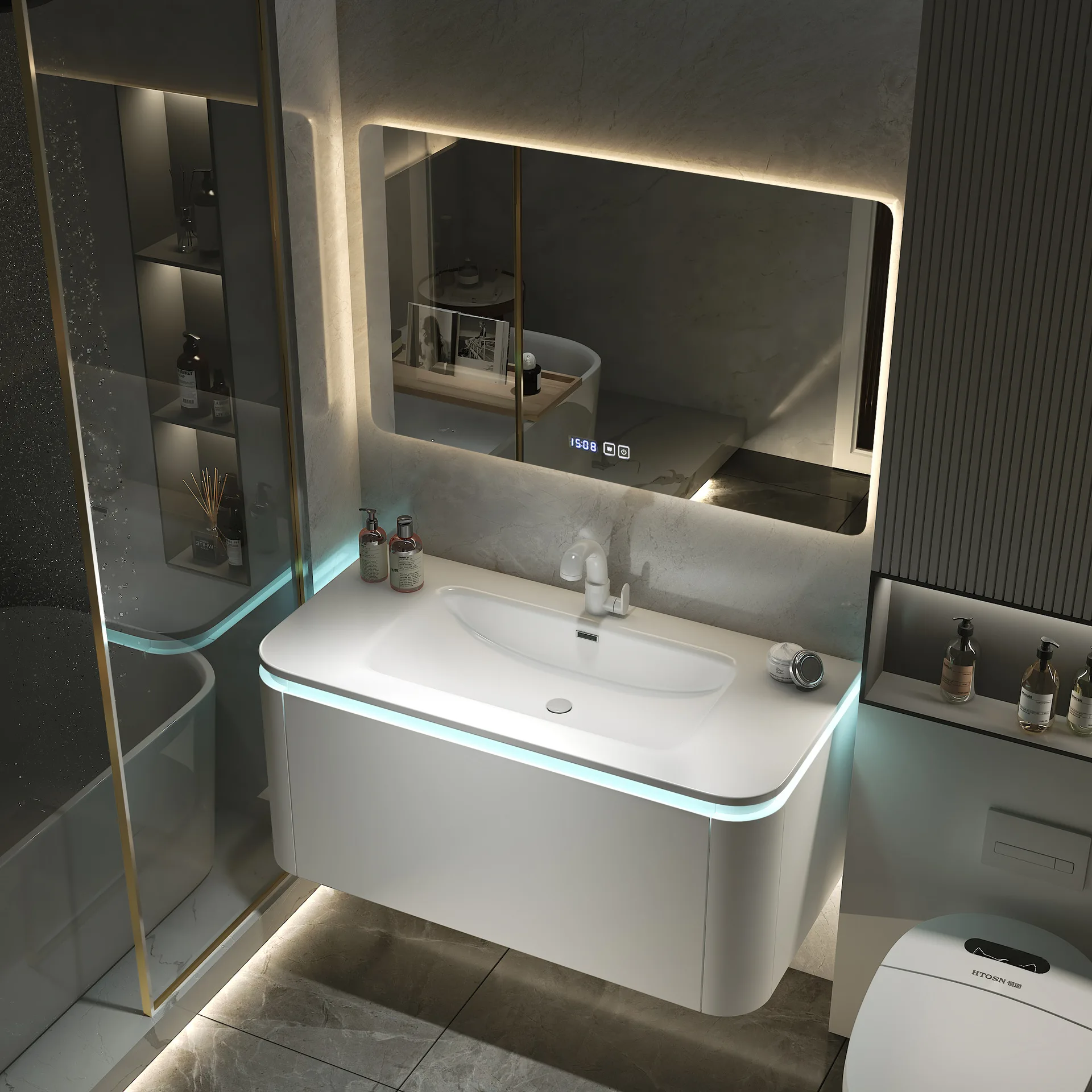 Skin feeling  integrated basin bathroom cabinet combination modern simple oak washbasin hand washbasin bathroom cabinet