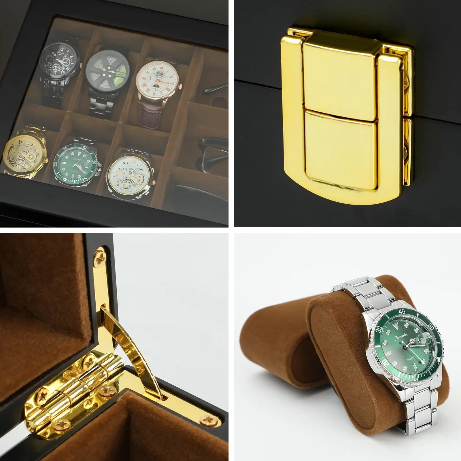 Watch Organizer Box,6 Watch 3 Slots Sunglasses Wooden Watch Organizer Box with Real Glass Top,Perfect Gifts for Family or Friend image 6